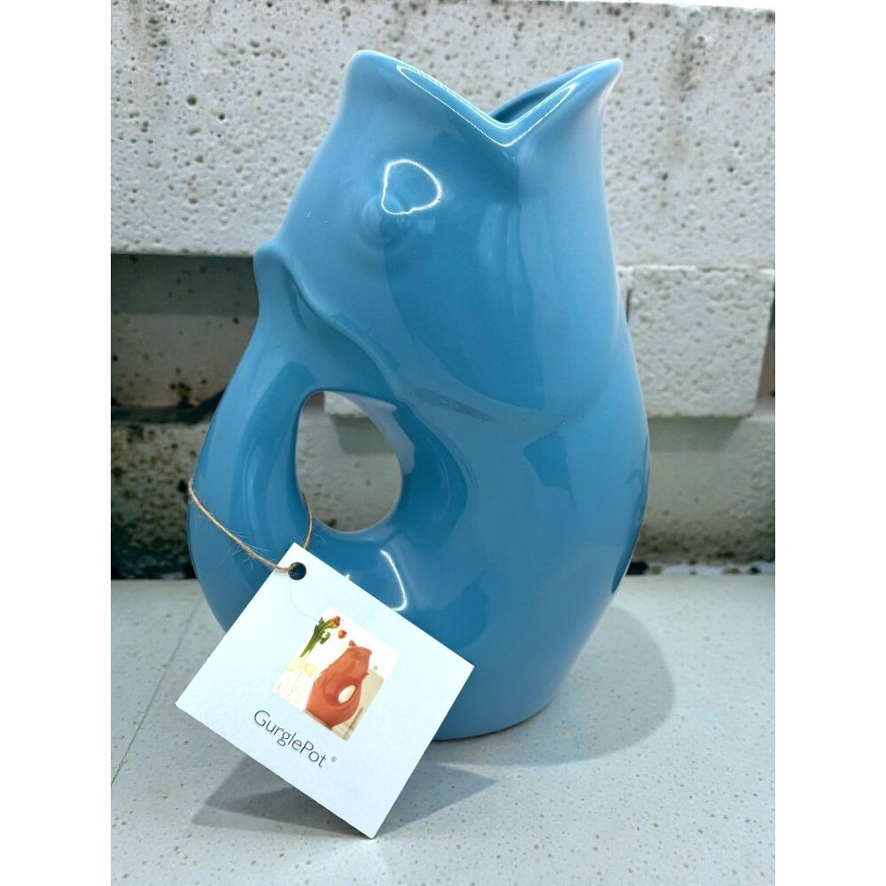 GurglePot Blue Ceramic Fish-Shaped Pitcher 42 Oz